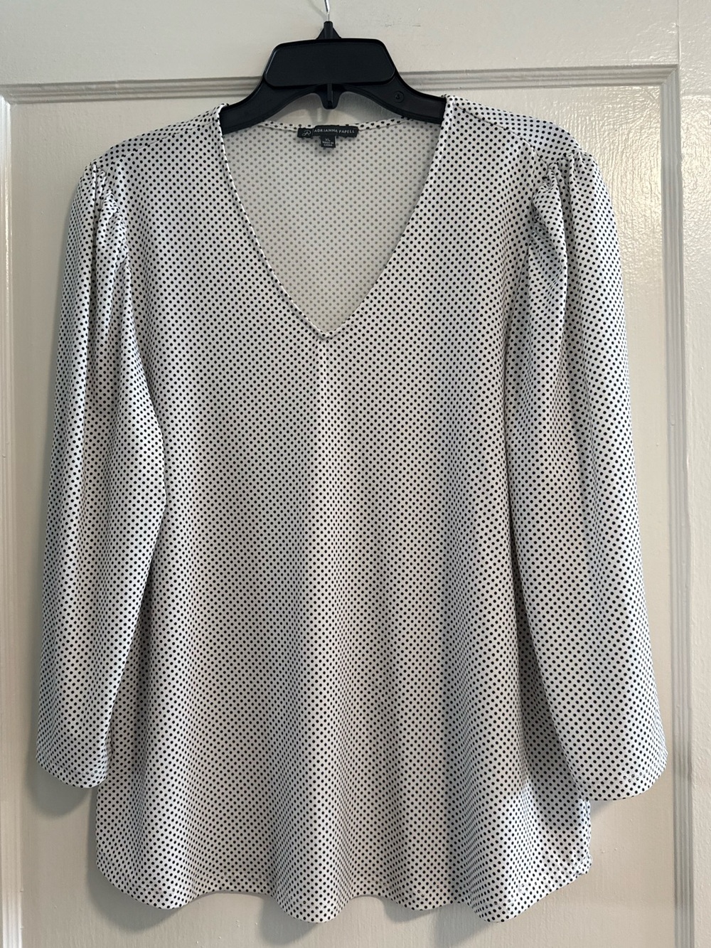 Adrianna Papell White Blouse with Black Polka Dots V-Neck